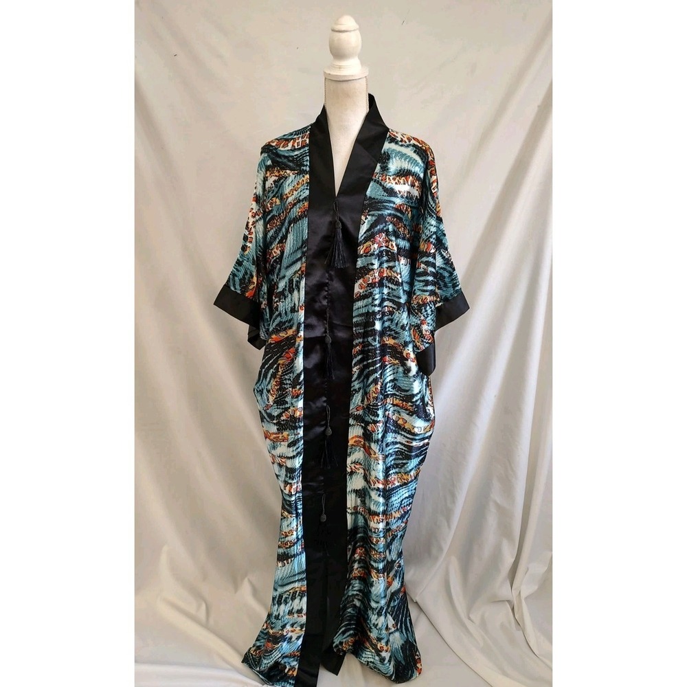 Satin Kaftan House Dress Animal Print Black Accent Tassles Pull Over Maxi 1X/2X